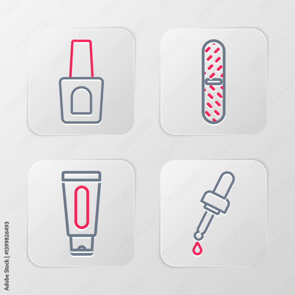 Set line Pipette with oil, Tube of hand cream, Nail file and Bottle nail polish icon. Vector Set line Pipette with oil, Tube of hand cream, Nail file and Bottle nail polish icon. Vector