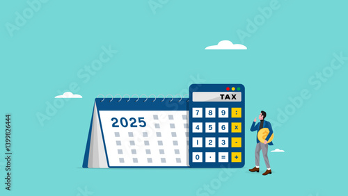 2025 tax form or annual notification of monthly duty and debt, annual income tax filing, Doing taxes accounting and annual financial paperwork, businessman standing near a big calculator tax