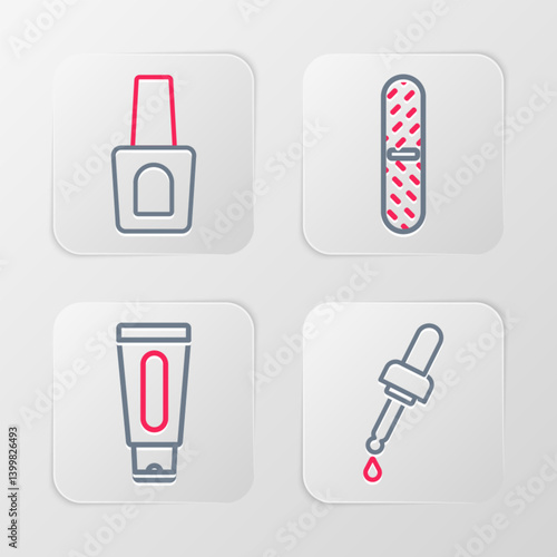 Set line Pipette with oil, Tube of hand cream, Nail file and Bottle nail polish icon. Vector