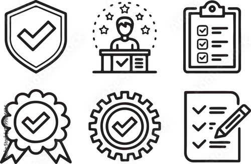 Set of 6 outline icons related to agreement. Linear icon collection certification, documentation and some. Editable stroke line art. Vector illustration