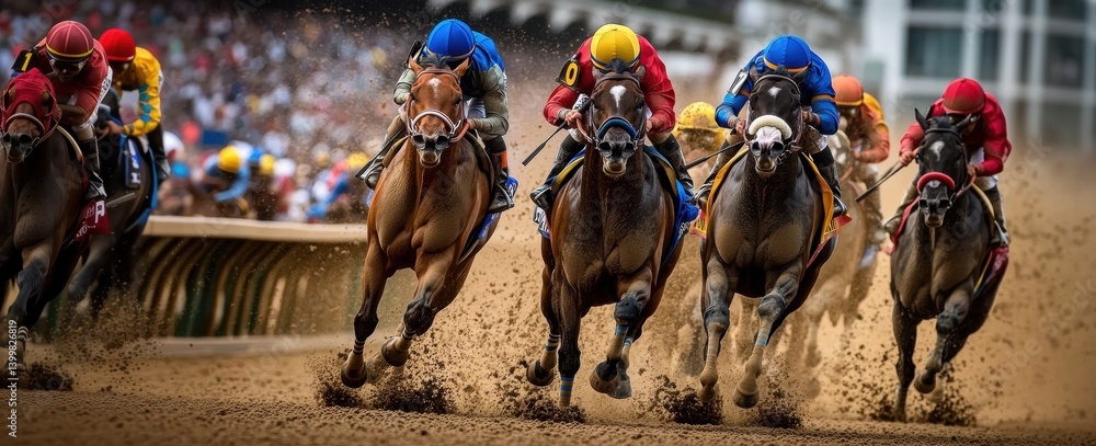 High-energy horse race with large group of horses and jockeys galloping closely together on dusty track. Kentucky Derby event, horse race, sport
