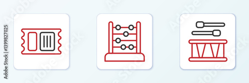 Set line Drum with drum sticks, Circus ticket and Abacus icon. Vector