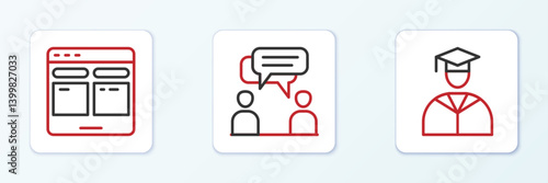 Set line Graduate and graduation cap, Online translator and Two sitting men talking icon. Vector