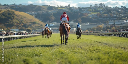 Obraz na płótnie Back view of horse and jockey in red and white, competitors race down a wide grass track, training lined with spectators on one side and backed by rolling hills. w salonie