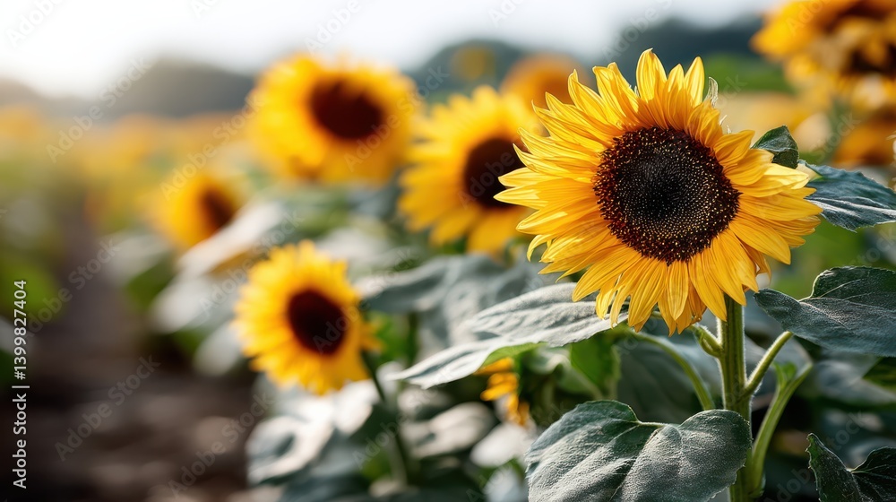 Naklejka premium A vibrant sunflower field basks under the warm sun with bright blossoms reaching towards the sky, embodying the essence of summer's beauty.