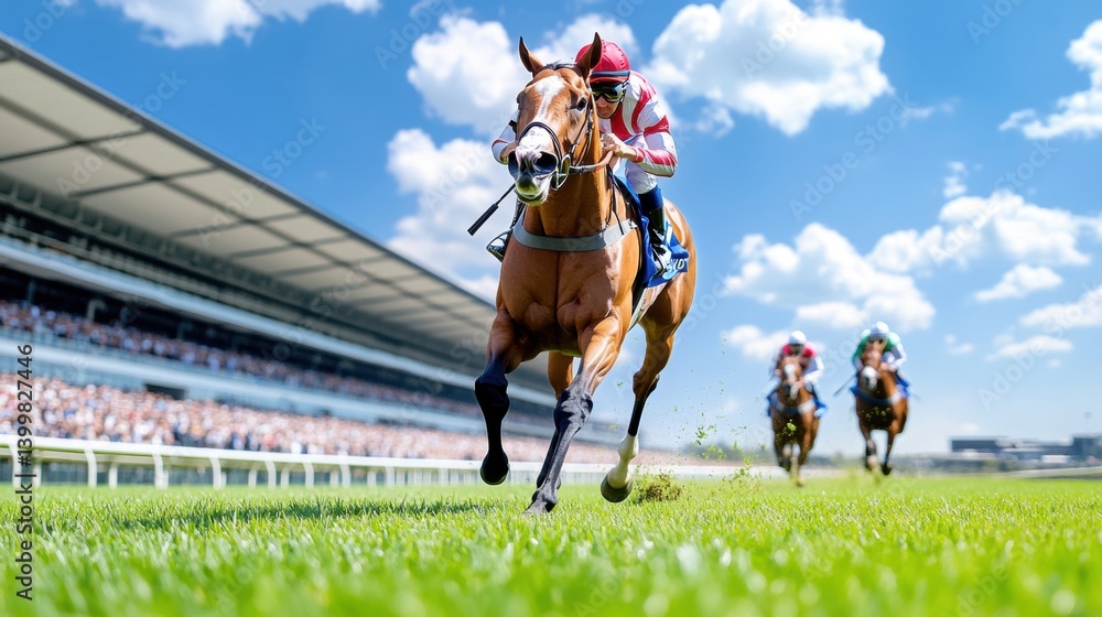 Jockey riding horse forward at full speed on bright green grass track, leading other competitors past large, packed grandstand under a sunny sky. Training