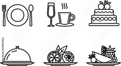 Set of 6 outline icons related to Catering. Linear icon collection of foods. Editable stroke line art. Vector illustration.