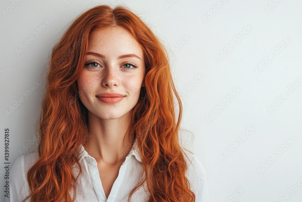 Young woman with red hair smiling against a plain background during daylight hours Young woman with red hair smiling against a plain background during daylight hours