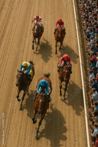 Obraz na płótnie Aerial view of pack of racehorses and jockeys competing, charging forward while energized crowd lines track in eager anticipation. Kentucky Derby event, horse race, sport w salonie