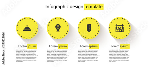 Set Hotel service bell, Location lock, Closed door and Hanging sign with For Rent. Business infographic template. Vector