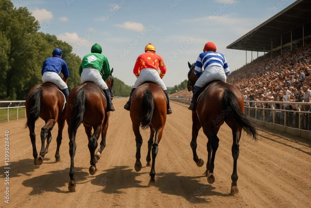 Four jockeys ride in synchronized form, crowd stretches across racetrack under open sky on historic race day. Kentucky Derby event, horse race, sport