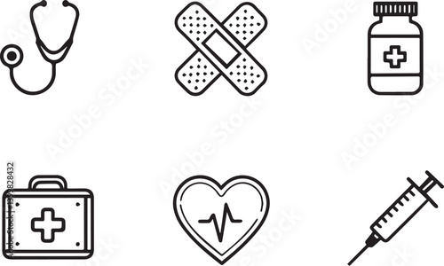 Set of 6 outline icons related to Hospital or medical elements. Linear icon collection of medicine, band, injection, first aid box, heart and some. Editable stroke line art. Vector illustration.