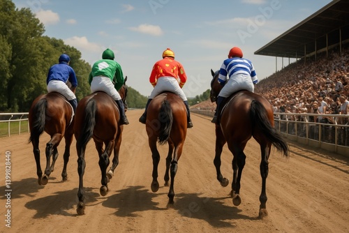 Obraz na płótnie Four jockeys ride in synchronized form, crowd stretches across racetrack under open sky on historic race day. Kentucky Derby event, horse race, sport w salonie