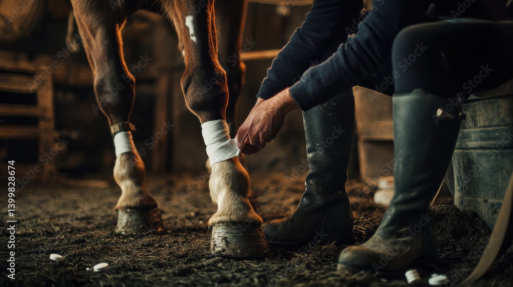 A person gently wraps bandages around a horse's leg inside a barn. The warm light highlights the relaxed atmosphere, showcasing the bond between human and animal during morning care