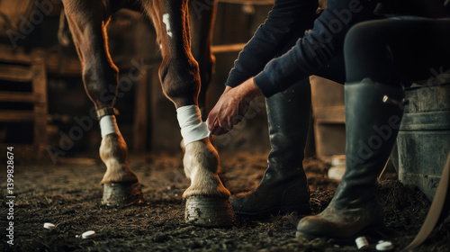 Obraz na płótnie A person gently wraps bandages around a horse's leg inside a barn. The warm light highlights the relaxed atmosphere, showcasing the bond between human and animal during morning care w salonie