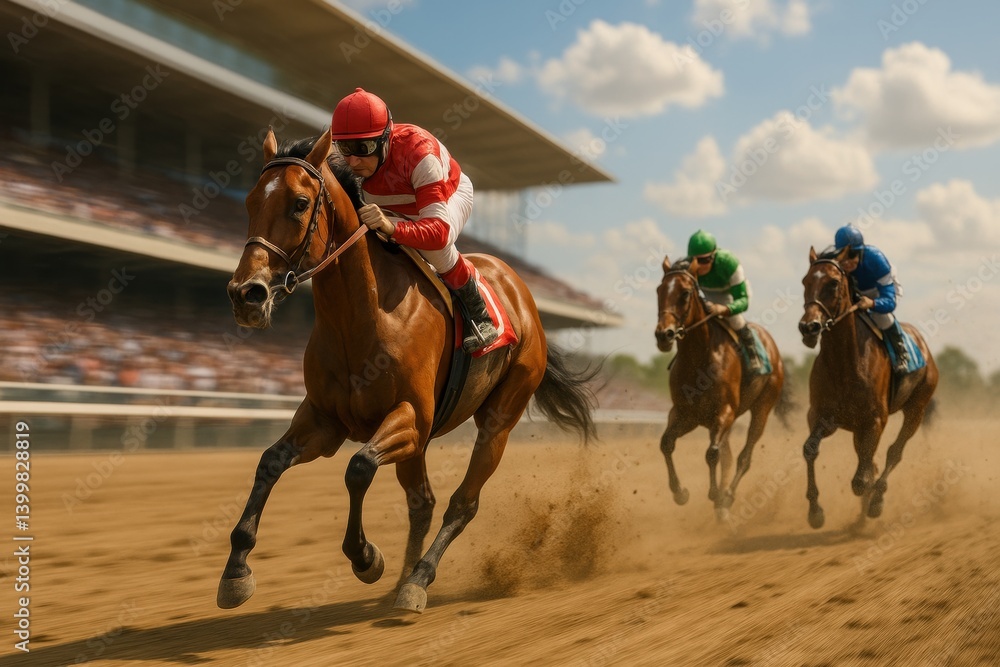 Fierce gallop bursts through dirt track, red-clad jockey leads powerful race under sunny sky surrounded by roaring crowd. Kentucky Derby event, horse race, sport