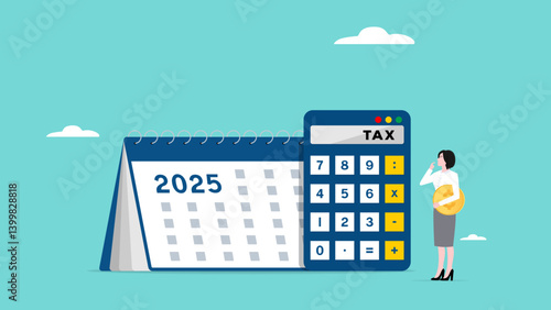 2025 tax form or annual notification of monthly duty and debt, annual income tax filing, Doing taxes accounting and annual financial paperwork, businesswoman standing near a big calculator tax