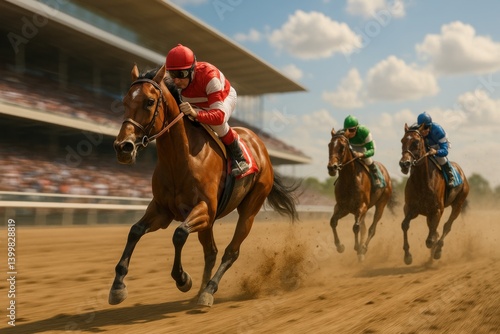 Obraz na płótnie Fierce gallop bursts through dirt track, red-clad jockey leads powerful race under sunny sky surrounded by roaring crowd. Kentucky Derby event, horse race, sport w salonie