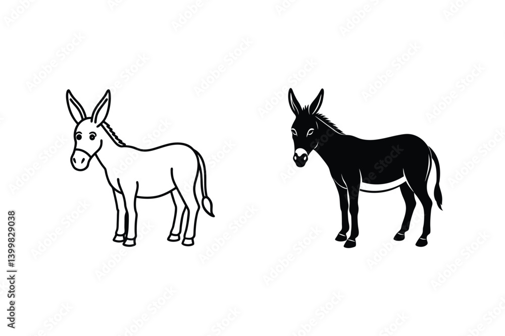 Fototapeta premium Donkey Silhouette Illustration Two Versions Black And White Outlines Animal Icon