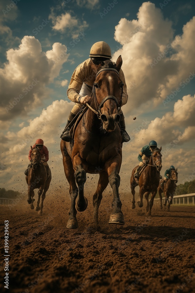 Cinematic image of intense competition. Low angle view of jockey guiding their horse through the dirt track, leading other competitors under cloudy sky filled with fluffy clouds. Kentucky Derby event