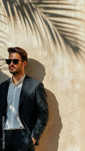 Stylish man in a suit and wearing sunglasses stands against a wall with palm leaf shadows. Concept of fashion, tropical elegance