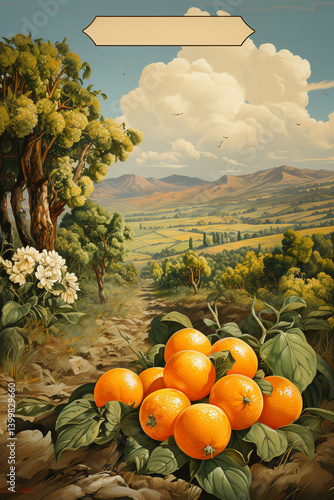 Vintage Poster Style Painting of an Orange Grove Landscape in Vibrant Warm Colors Representing Abundance and Tranquility [with copy space]
