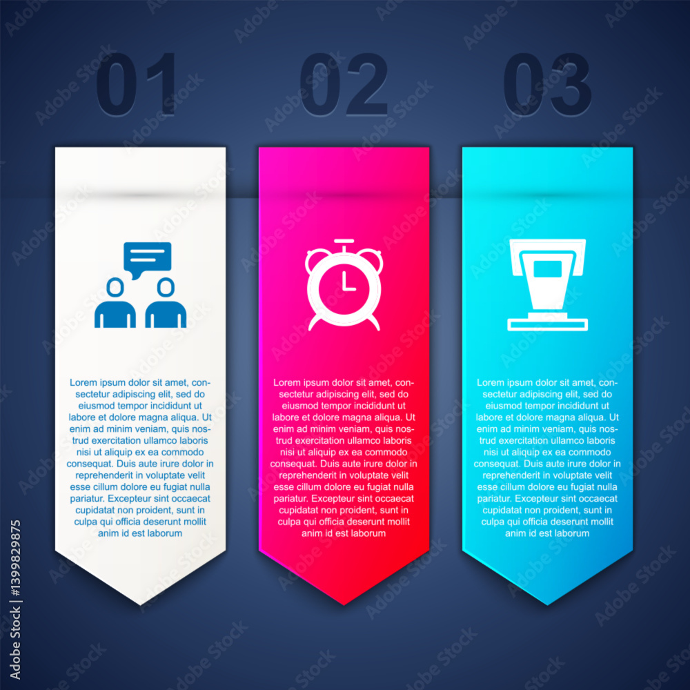 Set Two sitting men talking, Alarm clock and Stage stand. Business infographic template. Vector Set Two sitting men talking, Alarm clock and Stage stand. Business infographic template. Vector