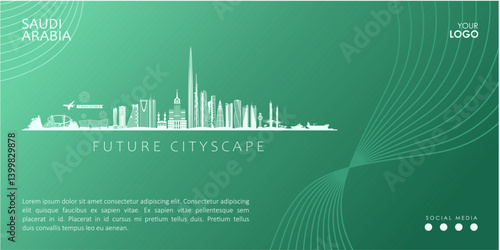 Saudi Arabia Future City Skyline Background with Skyscrapers and City Landmarks. Best for Company Business Banner, Travel, Tourism, Sport, Events Promos. Saudi Vision 2030 vector illustration