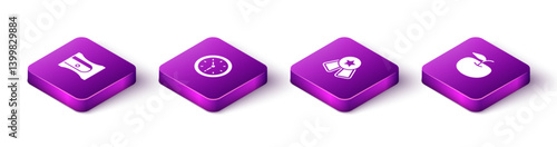 Set Isometric Pencil sharpener, Clock, Medal with star and Apple icon. Vector