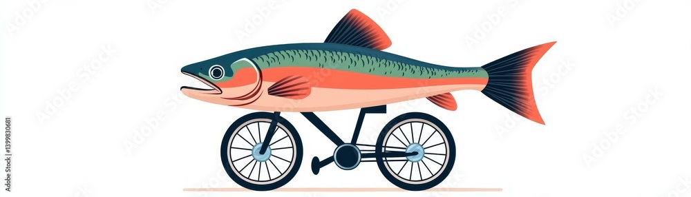Fototapeta premium a rainbow trout riding a bicycle, quirky surreal idea, cartoon vector style, isolated on white background