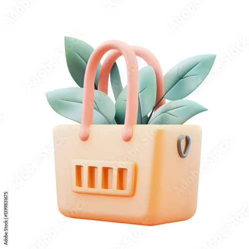 A cheerful, cartoonish, shopping bag with pastel colors and foliage.