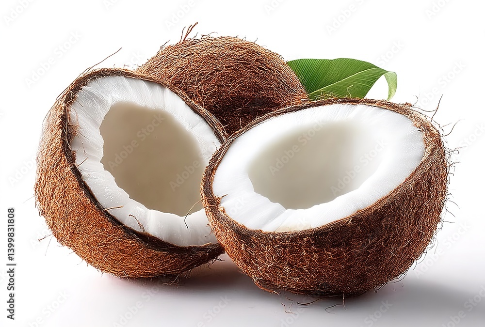 Split coconut cross-section revealing fibrous brown husk and pristine white flesh, two tropical leaves diagonally arranged on stark white backdrop Split coconut cross-section revealing fibrous brown husk and pristine white flesh, two tropical leaves diagonally arranged on stark white backdrop