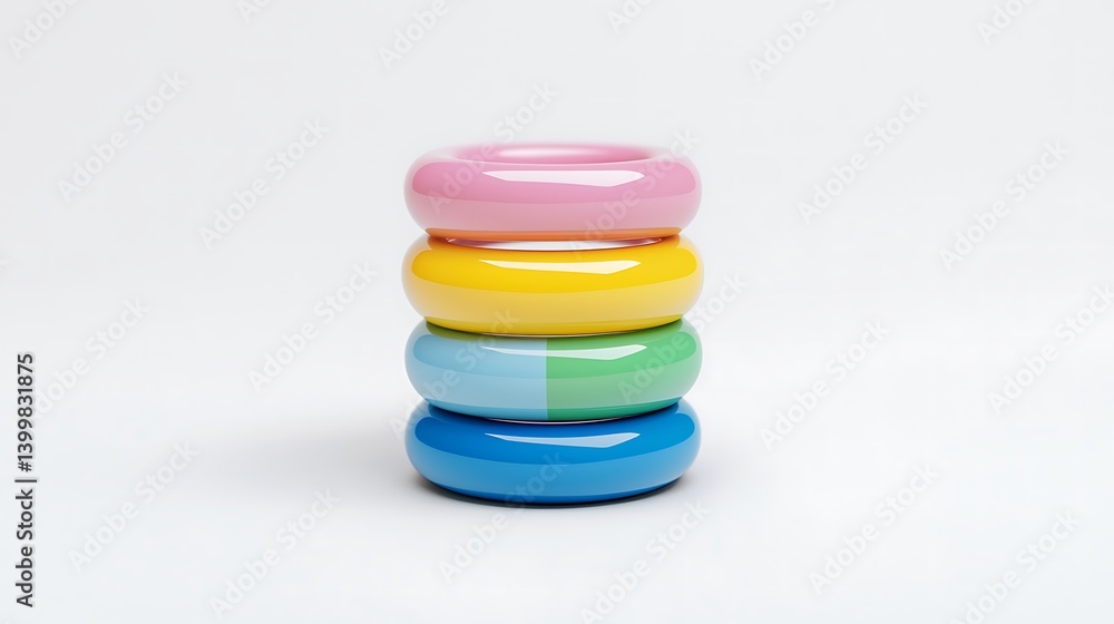 A stack of colorful, glossy rings, featuring shades of pink, yellow, green, and blue, arranged neatly on a simple white background. A stack of colorful, glossy rings, featuring shades of pink, yellow, green, and blue, arranged neatly on a simple white background.
