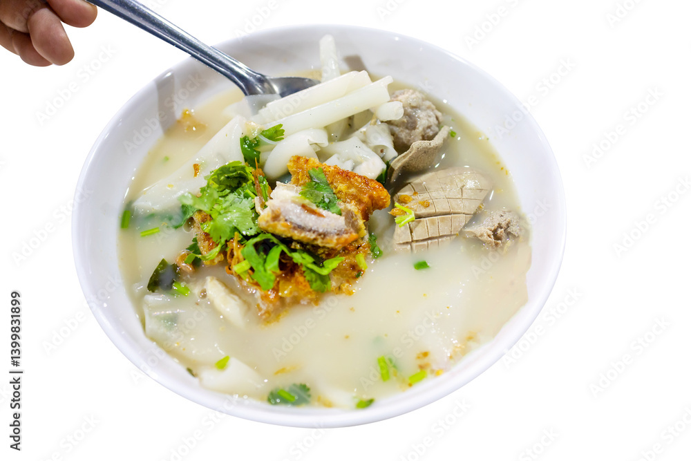 Top view of Rolled Rice Noodles with crispy pork, focus selective