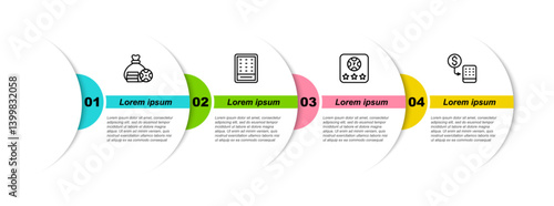 Set line Money bag, Lottery ticket, Online poker table game and Casino chips exchange. Business infographic template. Vector