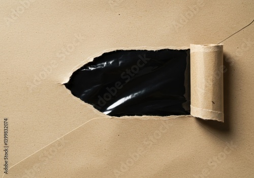 Brown paper with a torn hole and curled corner for eco friendly packaging mockup, environmental protection concept and corporate social responsibility message project