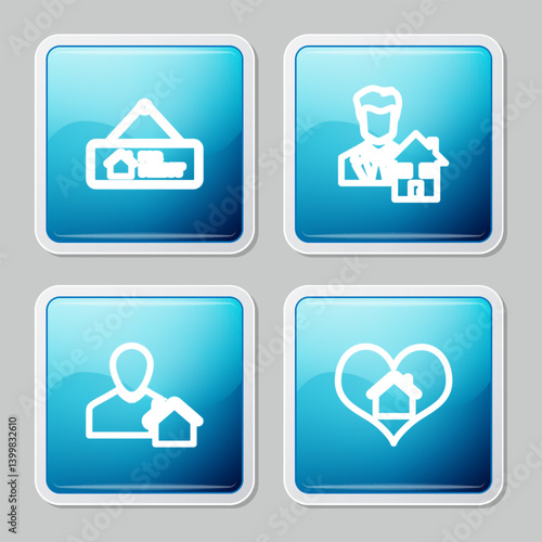 Set line Hanging sign with For Rent, Realtor, and House heart shape icon. Vector