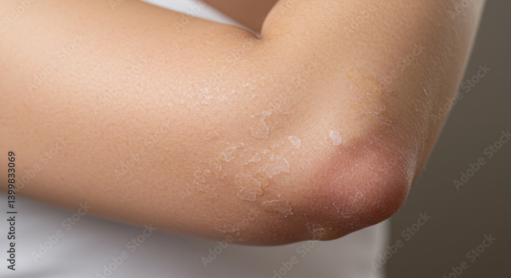 Fototapeta premium Dry and flaky skin on elbow area in natural light showing signs of irritation and lack of moisture during autumn season