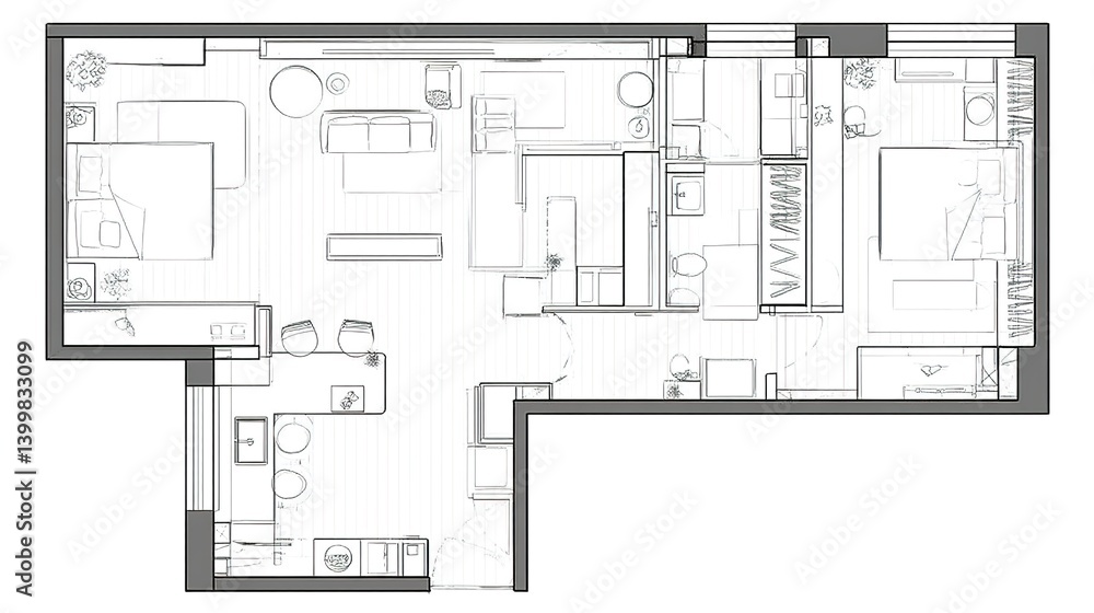 Architectural blueprint-style floor plan with clean linework showing living room sofa, dining table, kitchen cabinetry, monochrome technical illustration on grid paper Architectural blueprint-style floor plan with clean linework showing living room sofa, dining table, kitchen cabinetry, monochrome technical illustration on grid paper