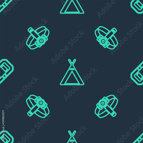 Set line Tourist tent, Head flashlight and Rafting boat on seamless pattern. Vector