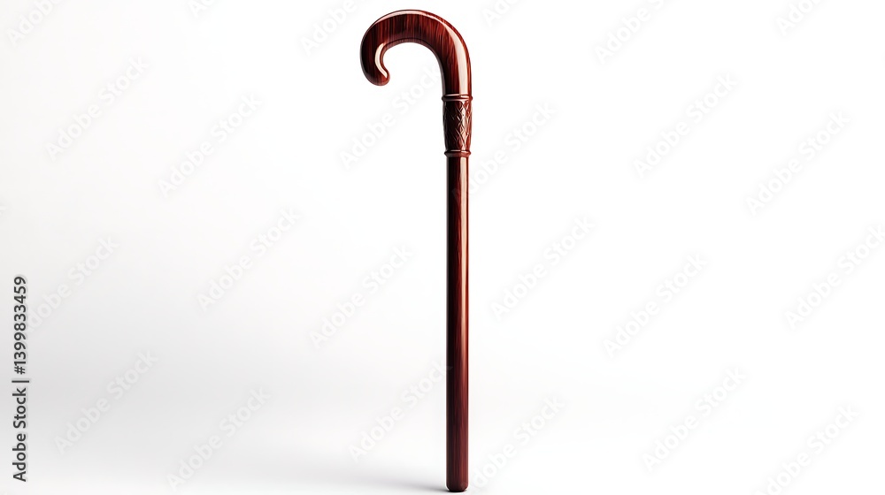 A polished wooden cane with a curved handle, showcasing craftsmanship and elegance against a simple background. A polished wooden cane with a curved handle, showcasing craftsmanship and elegance against a simple background.