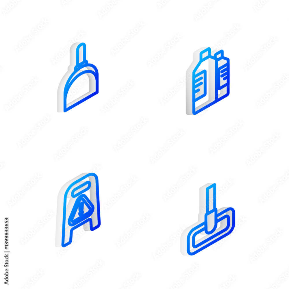 Set Isometric line Bottles for cleaning agent, Dustpan, Wet floor and progress and Mop icon. Vector Set Isometric line Bottles for cleaning agent, Dustpan, Wet floor and progress and Mop icon. Vector