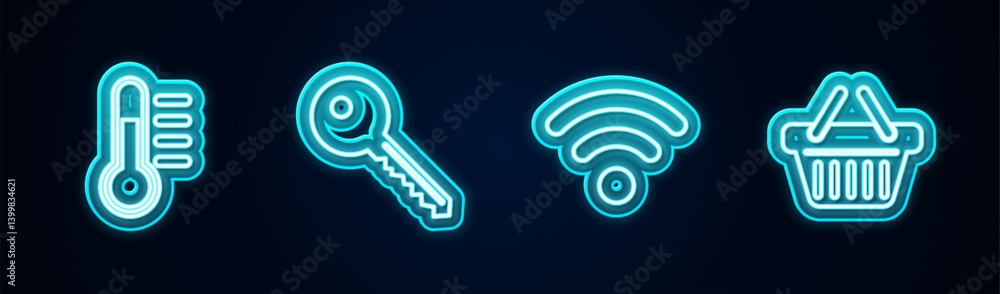 Set line Thermometer, Key, Wi-Fi wireless network and Shopping basket. Glowing neon icon. Vector Set line Thermometer, Key, Wi-Fi wireless network and Shopping basket. Glowing neon icon. Vector