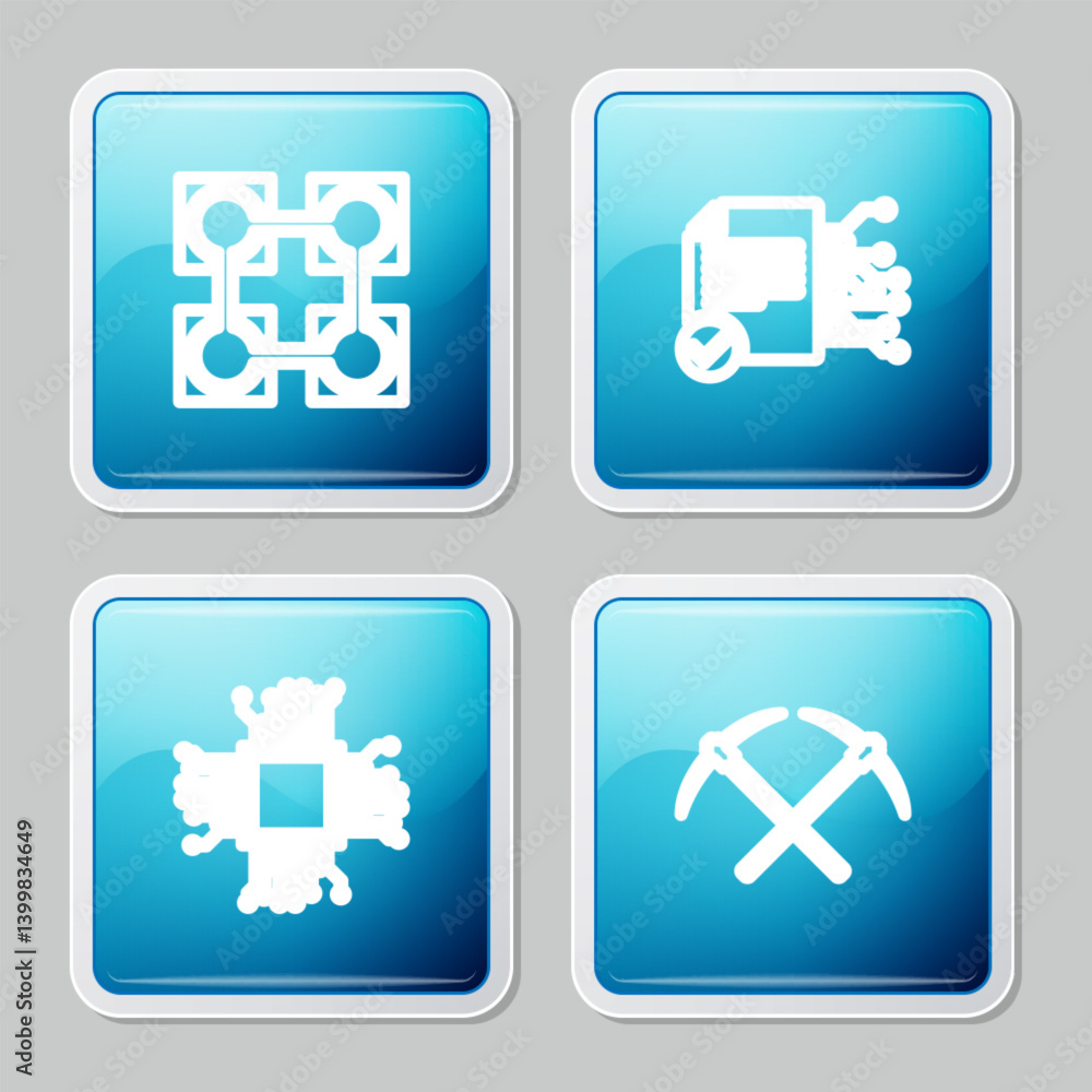Set line Blockchain technology, Smart contract, Processor and Crossed pickaxe icon. Vector Set line Blockchain technology, Smart contract, Processor and Crossed pickaxe icon. Vector