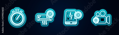 Set line Stopwatch, Air conditioner setting, Power bank and Video camera. Glowing neon icon. Vector