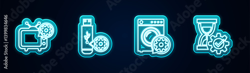 Set line Tv setting, USB flash drive, Washer and Hourglass. Glowing neon icon. Vector