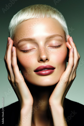 Obraz na płótnie Stylish model with very short white hair and eyes closed on muted green studio background. w salonie