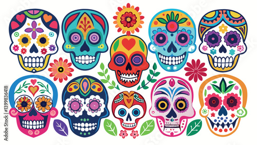 Wallpaper Mural A variety of colorful sugar skulls, a central symbol of the Dia de los Muertos celebration. Each skull is intricately designed with vibrant patterns that reflect Mexican tradition. Torontodigital.ca