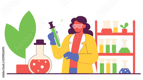 A female scientist conducts a laboratory study, carefully using a test tube to work with a chemical liquid. Laboratory instruments and glass containers are visible in the background.