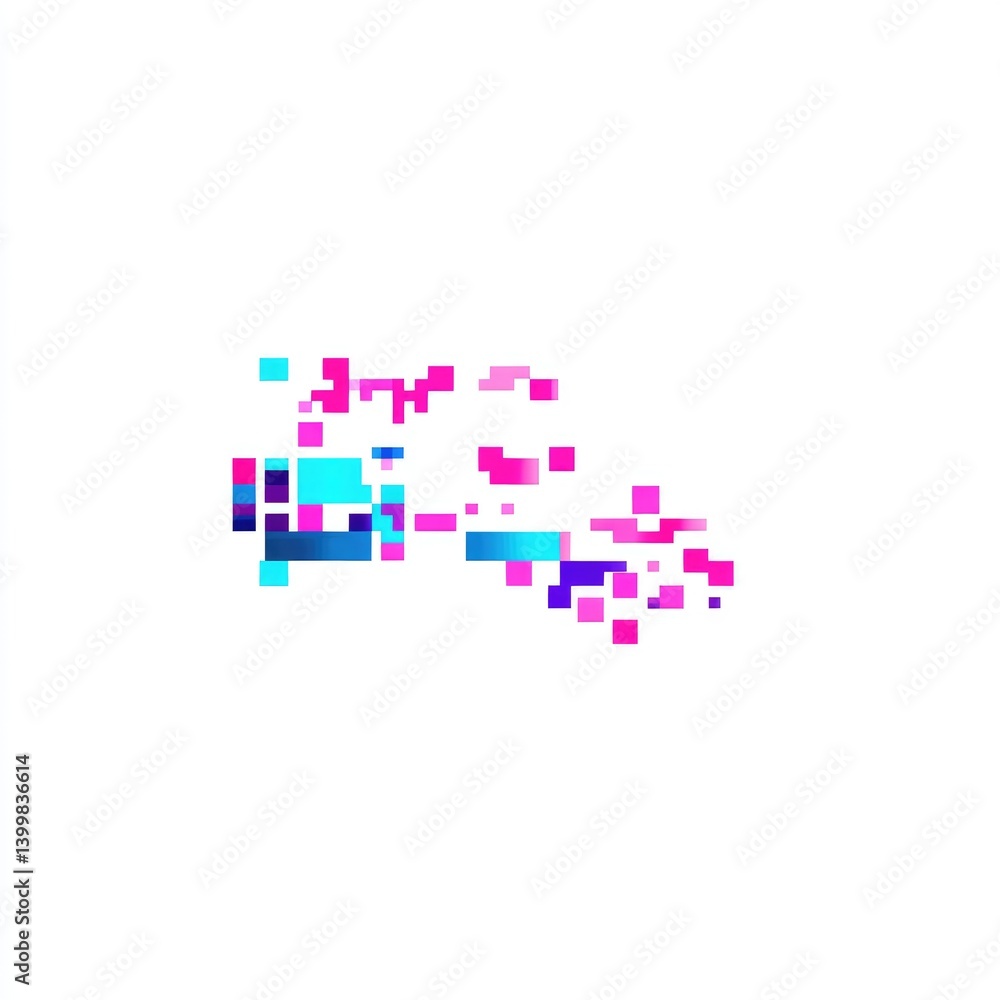 Abstract pixelated digital art design.  A vibrant display of fragmented, colorful squares and rectangles against a white background.  Dynamic and energetic